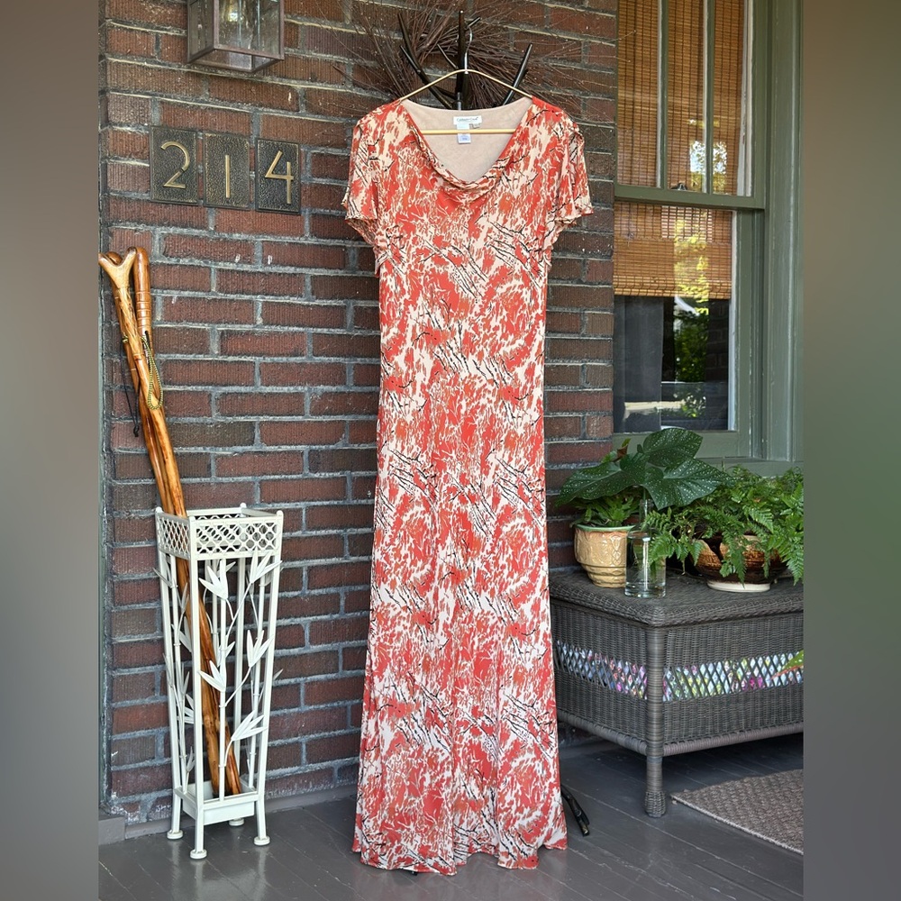 Coldwater Creek 100% silk burnt orange/tan abstract print silk maxi dress. Sz L